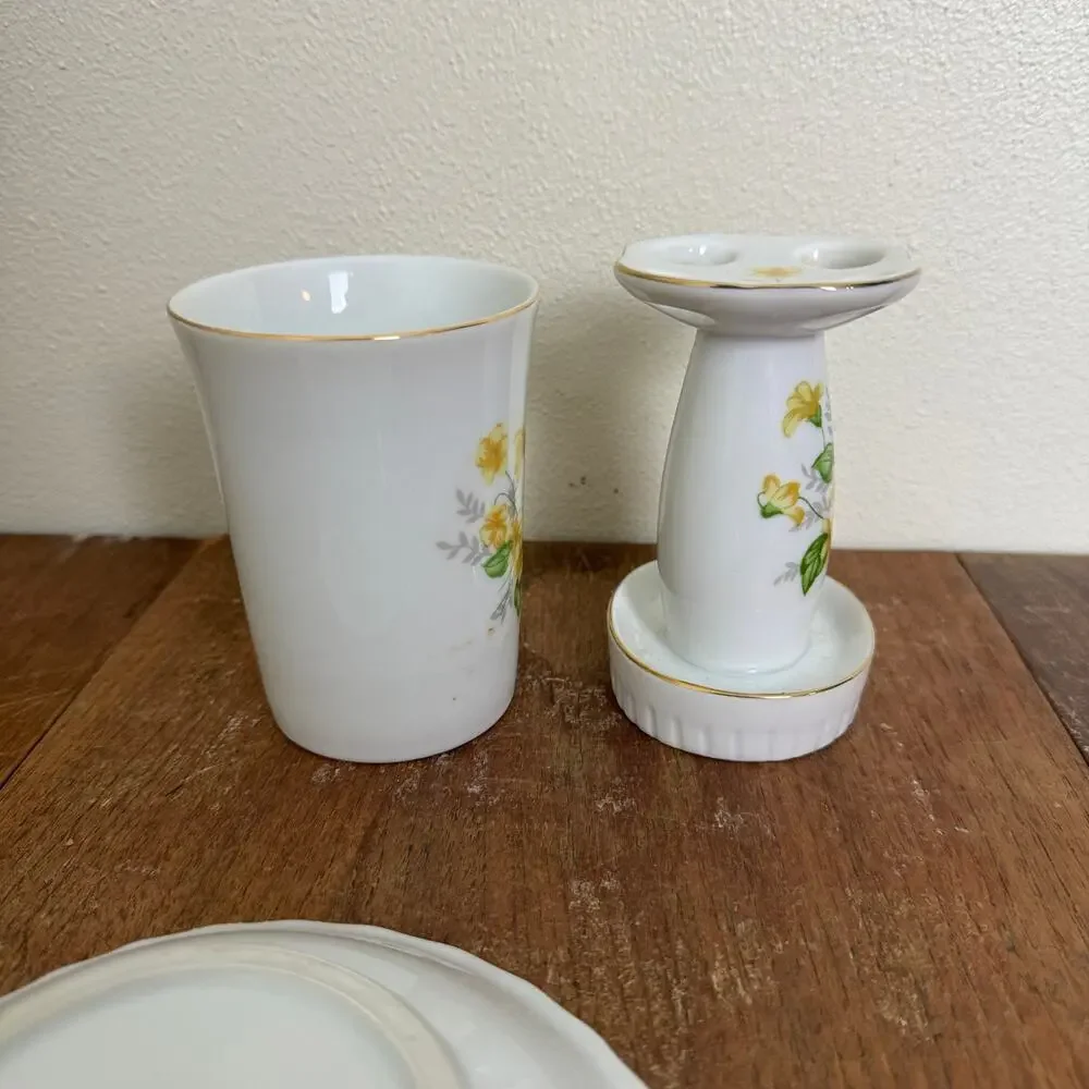 Vintage‎ Japan Porcelain 3pc Bathroom Set Yellow Floral Gold Trim Shell Dish Cup